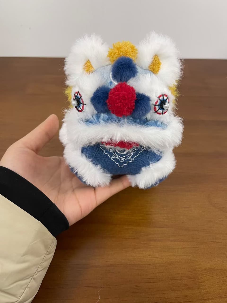 Blue lion dance head plush keychain charm