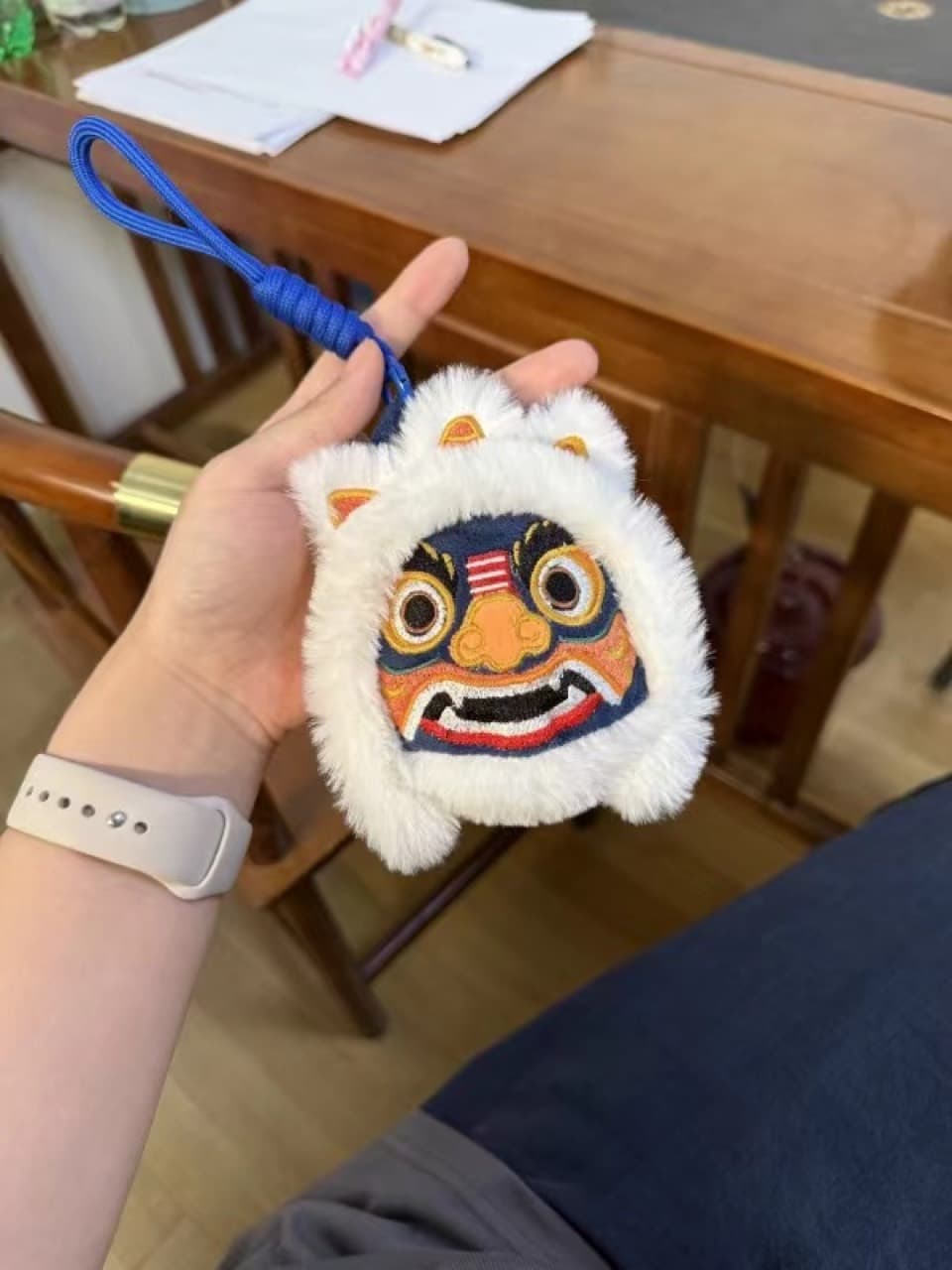 Embroidered lion head plush keychain charm